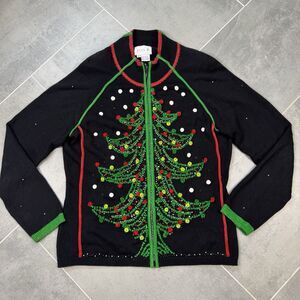Just B Black Christmas Tree Beaded Rhinestone Zip Front Cardigan Sweater L
